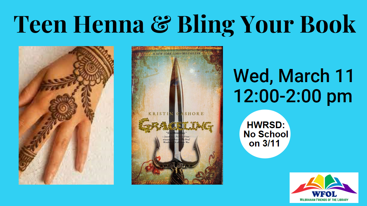teen henna & bling your book program info, image of hand with henna, image of book with diamond gems