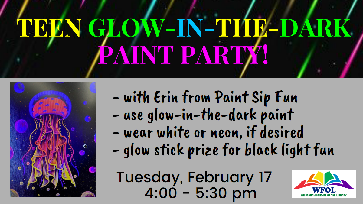 teen glow-in-the-dark paint party with image of neon jellyfish with program info